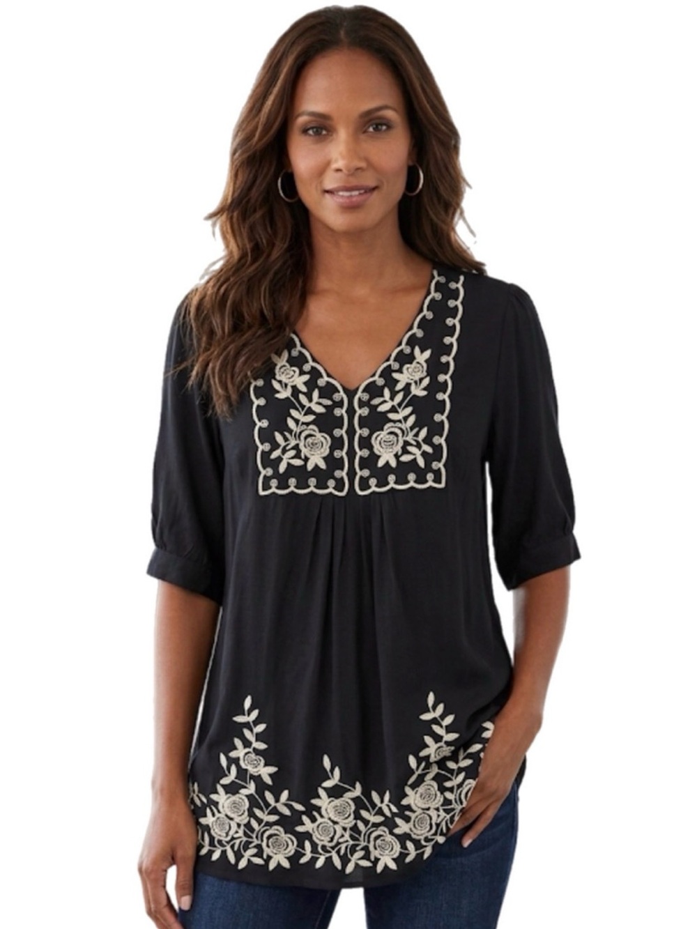 NWT M/L Universal Fashion Bohemian Blouse Top Embroidered Black Women’s Floral